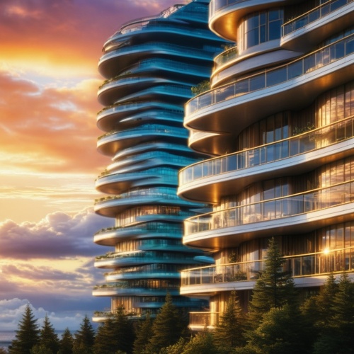 海边，森林,residential tower,futuristic architecture,renaissance tower,sky apartment,urban towers,balconies,bulding,futuristic landscape,modern architecture,mamaia,skyscapers,high-rise building,internation